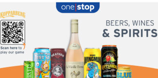 Promotion for One Stop's refresh for the beer, wine and spirits category with pack shots of products and a QR code for Kopparberg cider.
