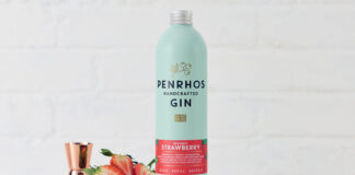A bottle of Penrhos Handcrafted Wonky Strawberry Gin stands on a white table against a white background with a pink bowl of strawberries next to the bottle and a rose gold jigger measure behind the bowl.