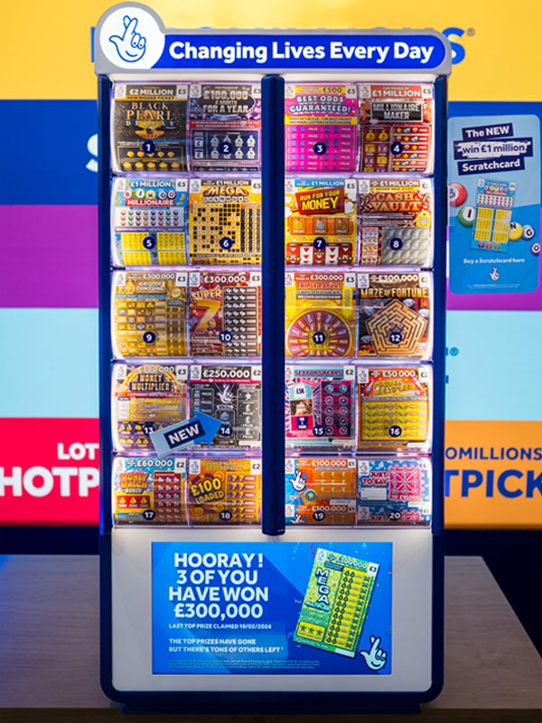 A National Lottery Play Station against a multicoloured background that match the different kind of National Lottery games.