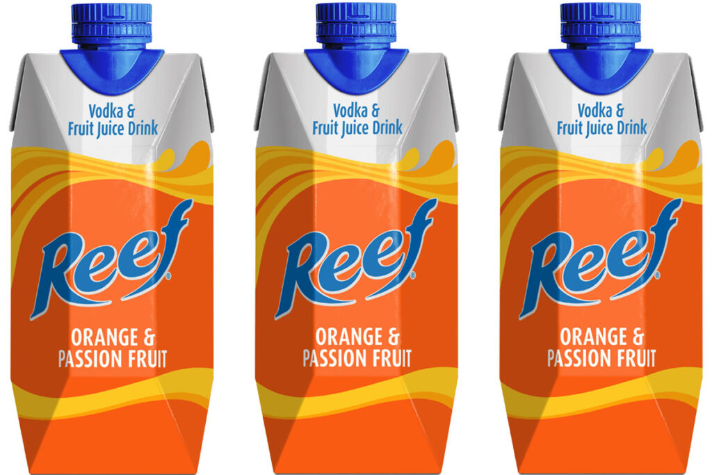 Pack shots of Reef Orange & Passion Fruit Vodka & Fruit Juice Tetra packaging cartons.