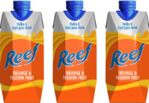 Pack shots of Reef Orange & Passion Fruit Vodka & Fruit Juice Tetra packaging cartons.