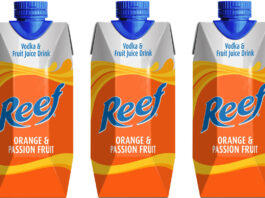 Pack shots of Reef Orange & Passion Fruit Vodka & Fruit Juice Tetra packaging cartons.