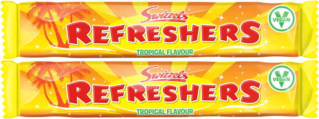 Pack shots of Refreshers Tropical Chew bar.