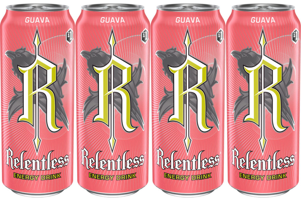 Pack shots of Relentless Guava cans.