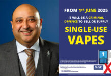 The image on the left is Pete Cheema, chief executive at the Scottish Grocers' Federation, on the right is an image of the SGF's single-use vape ban poster, the text reads "From 1st June 2025 It will be a criminal offence to sell or supply single-use vapes".