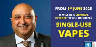 The image on the left is Pete Cheema, chief executive at the Scottish Grocers' Federation, on the right is an image of the SGF's single-use vape ban poster, the text reads "From 1st June 2025 It will be a criminal offence to sell or supply single-use vapes".