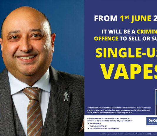 SGF offers advice ahead of the disposable vape ban The image on the left is Pete Cheema, chief executive at the Scottish Grocers' Federation, on the right is an image of the SGF's single-use vape ban poster, the text reads "From 1st June 2025 It will be a criminal offence to sell or supply single-use vapes".