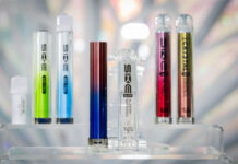 SKE Crystal vape devices are lined up on a display with a crystal design in the background.