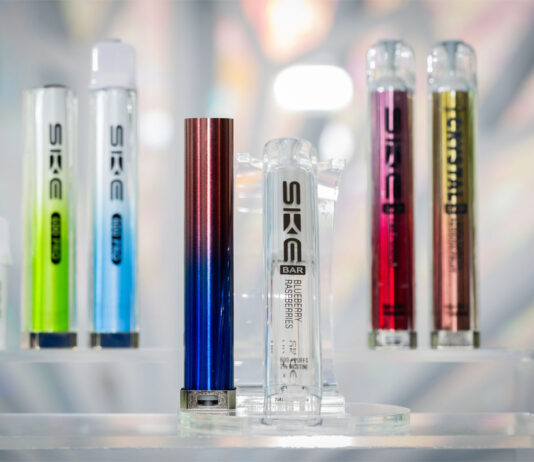 SKE unveils new vape range ahead of ban SKE Crystal vape devices are lined up on a display with a crystal design in the background.