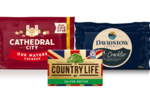 Pack shots of Cathedral City Our Mature Cheddar, Davidstow Cornwall Crackler Cheddar and Country Life Salted Butter.