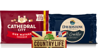 Pack shots of Cathedral City Our Mature Cheddar, Davidstow Cornwall Crackler Cheddar and Country Life Salted Butter.