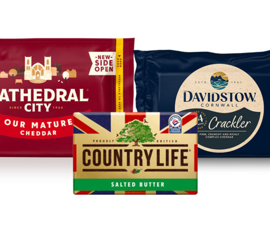 Saputo Dairy products awarded a Royal Warrant Pack shots of Cathedral City Our Mature Cheddar, Davidstow Cornwall Crackler Cheddar and Country Life Salted Butter.
