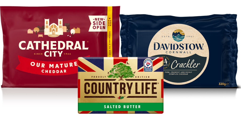 Pack shots of Cathedral City Our Mature Cheddar, Davidstow Cornwall Crackler Cheddar and Country Life Salted Butter.