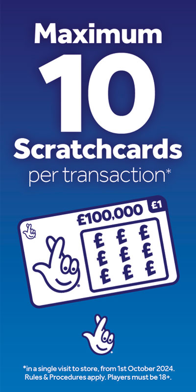 Advertisement for the 10 card per transaction Scratchcard Limit for National Lottery games.