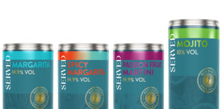 Pack shots of Served cocktails including Margarita, Spicy Margarita, Passion Fruit Martini and Mojito.