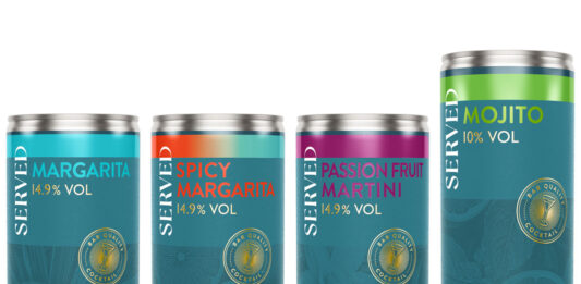 Pack shots of Served cocktails including Margarita, Spicy Margarita, Passion Fruit Martini and Mojito.
