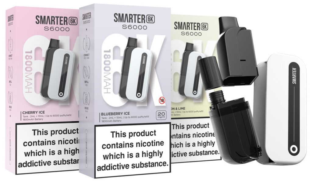 An image of the Smarter 6k device with additional device and pod kit packs including Cherry Ice, Blueberry Ice and Lemon & Lime.