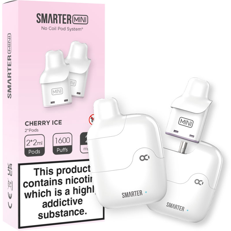 An image of the Smarter Mini device and the Smarter Mini Cherry Ice pods pack.