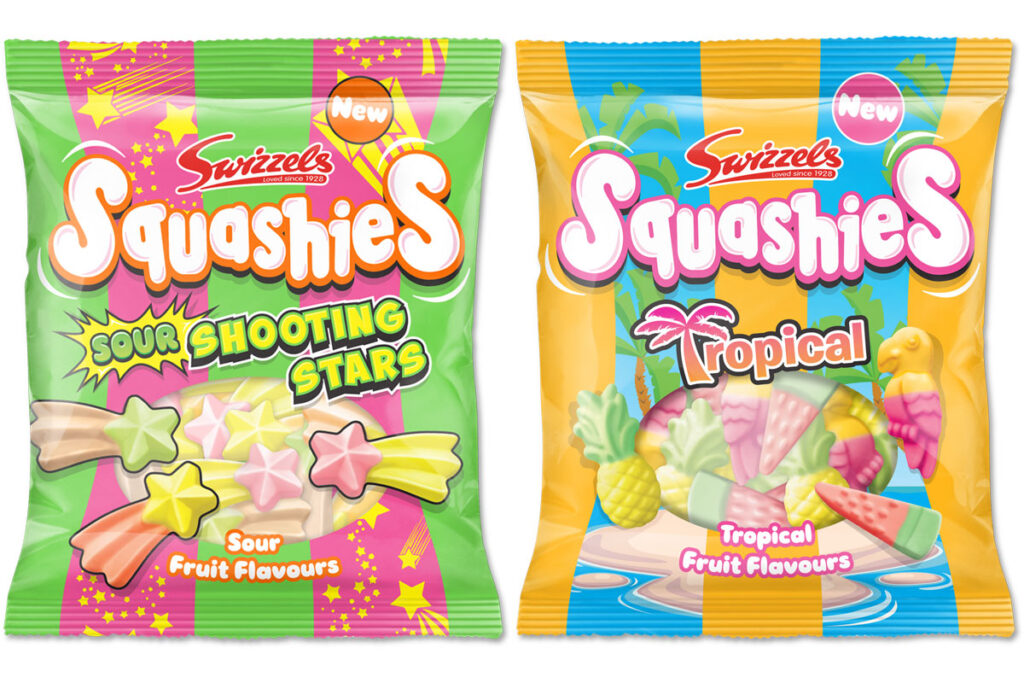 Pack shots of Swizzels Squashies Sour Shooting Stars and Squashies Tropical.