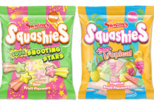 Pack shots of Swizzels Squashies Sour Shooting Stars and Squashies Tropical.