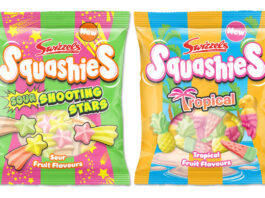 Swizzels kicks off summer with new Squashies flavours Pack shots of Swizzels Squashies Sour Shooting Stars and Squashies Tropical.