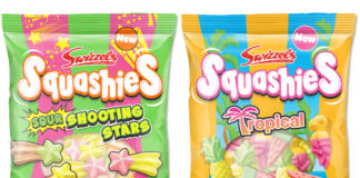 Pack shots of Swizzels Squashies Sour Shooting Stars and Squashies Tropical.