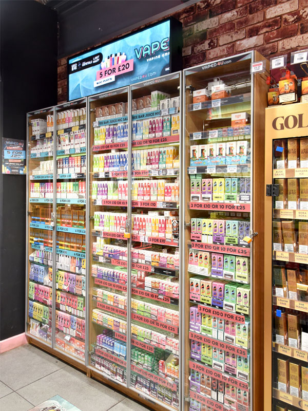 Glass cabinets with vaping products inside them.