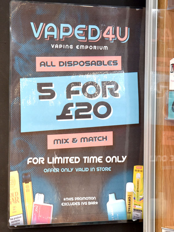 A poster for Vaped4U advertising a clearance promotion for disposable vapes, five for £20/