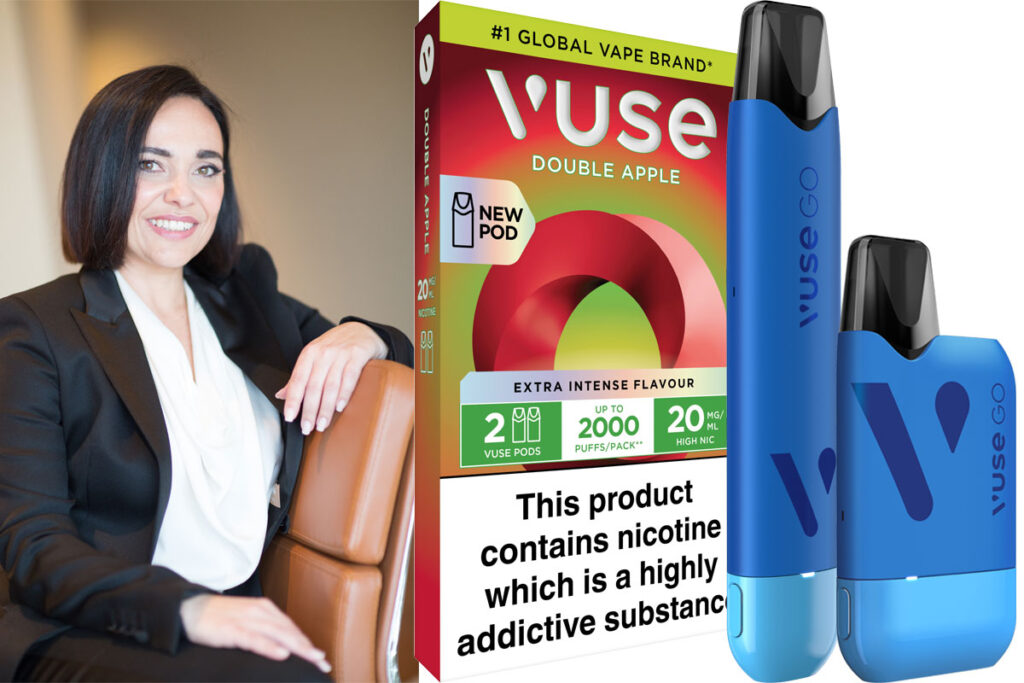 Susanna de Lesu, commercial director at BAT UK&I, with pack shots of VUSE Doube Apple pods and devices.