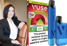 Susanna de Lesu, commercial director at BAT UK&I, with pack shots of VUSE Doube Apple pods and devices.