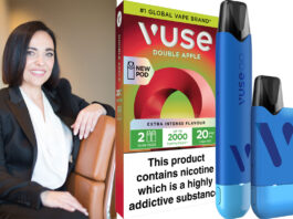 BAT moves forward with a new vigour following disposable ban Susanna de Lesu, commercial director at BAT UK&I, with pack shots of VUSE Doube Apple pods and devices.