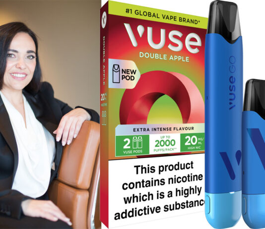 BAT moves forward with a new vigour following disposable ban Susanna de Lesu, commercial director at BAT UK&I, with pack shots of VUSE Doube Apple pods and devices.