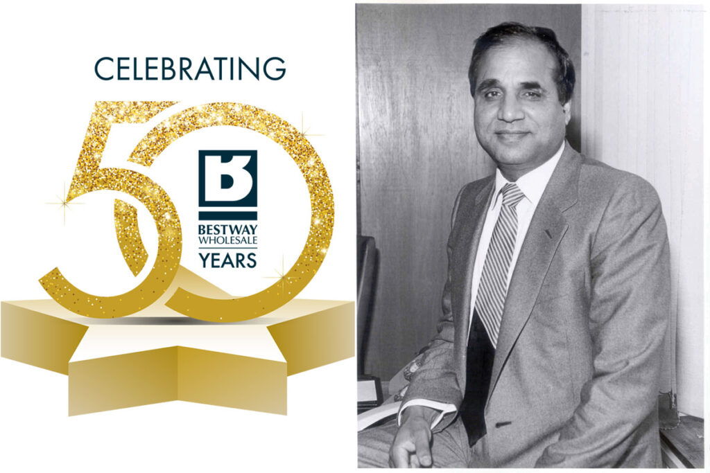 Sir Anwar Pervez, managing director at Bestway Wholesale, and the Bestway Wholesale 50th anniversary logo.