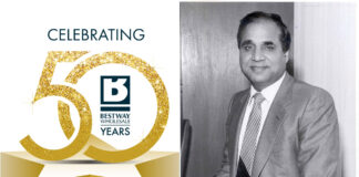 Sir Anwar Pervez, managing director at Bestway Wholesale, and the Bestway Wholesale 50th anniversary logo.