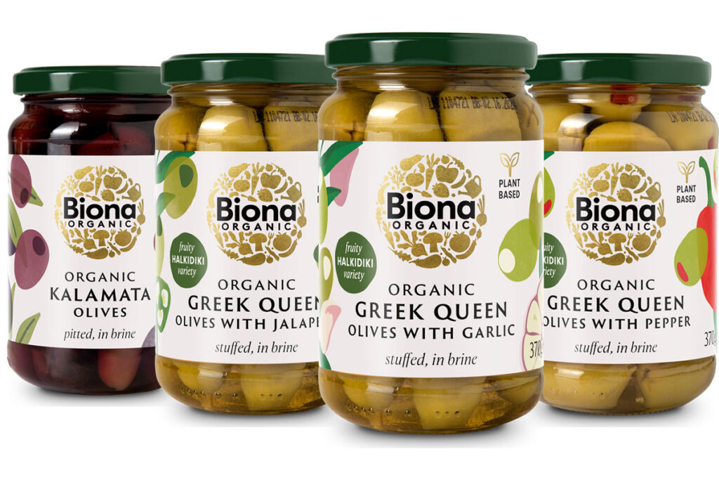 Pack shots of Biona Olives range including Organic Greek Queen Olives with Garlic, Organic Greek Queen Olives with Pepper, Organic Greek Queen Olives with Jalapeños and Organic Kalamata Olives.