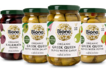 Pack shots of Biona Olives range including Organic Greek Queen Olives with Garlic, Organic Greek Queen Olives with Pepper, Organic Greek Queen Olives with Jalapeños and Organic Kalamata Olives.