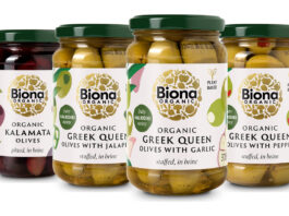 Pack shots of Biona Olives range including Organic Greek Queen Olives with Garlic, Organic Greek Queen Olives with Pepper, Organic Greek Queen Olives with Jalapeños and Organic Kalamata Olives.