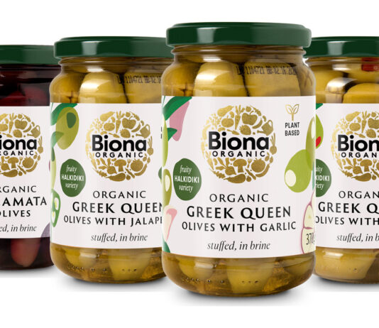 Biona rolls out new range of organic Greek Olives Pack shots of Biona Olives range including Organic Greek Queen Olives with Garlic, Organic Greek Queen Olives with Pepper, Organic Greek Queen Olives with Jalapeños and Organic Kalamata Olives.