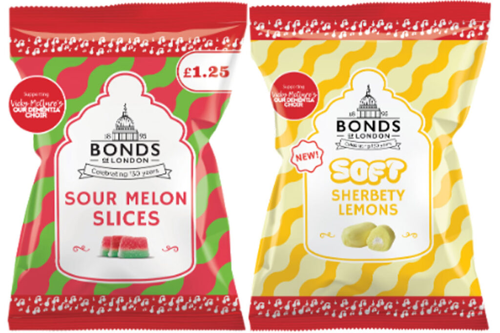 Pack shots of Bonds of London Vickyu McClure's Our Dementia Choir Watermelon Slices and Soft Sherbety Lemons.