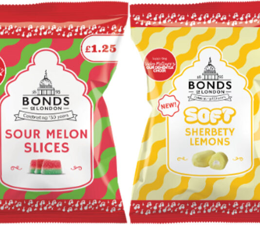 World of Sweets expands Bonds of London charity range Pack shots of Bonds of London Vickyu McClure's Our Dementia Choir Watermelon Slices and Soft Sherbety Lemons.
