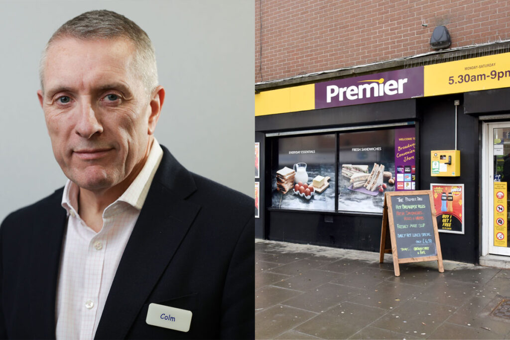 Colm Johnstone, retail managing director at Booker, next to an exterior shot of a Premier store.