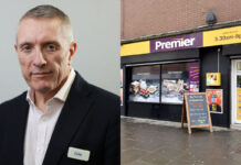 Colm Johnstone, retail managing director at Booker, next to an exterior shot of a Premier store.