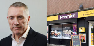 Colm Johnstone, retail managing director at Booker, next to an exterior shot of a Premier store.