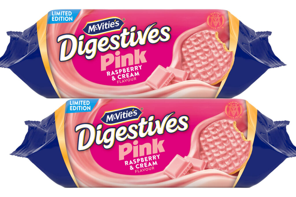 Pack shots of McVitie's Digestives Pink Raspberry & Cream Limited Edition.