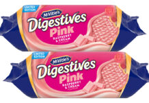 Pack shots of McVitie's Digestives Pink Raspberry & Cream Limited Edition.
