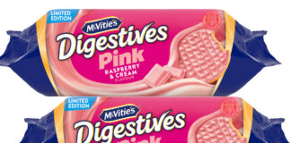 Pack shots of McVitie's Digestives Pink Raspberry & Cream Limited Edition.