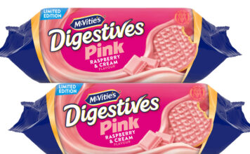 Pack shots of McVitie's Digestives Pink Raspberry & Cream Limited Edition.