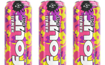 A pink, yellow and purple can design