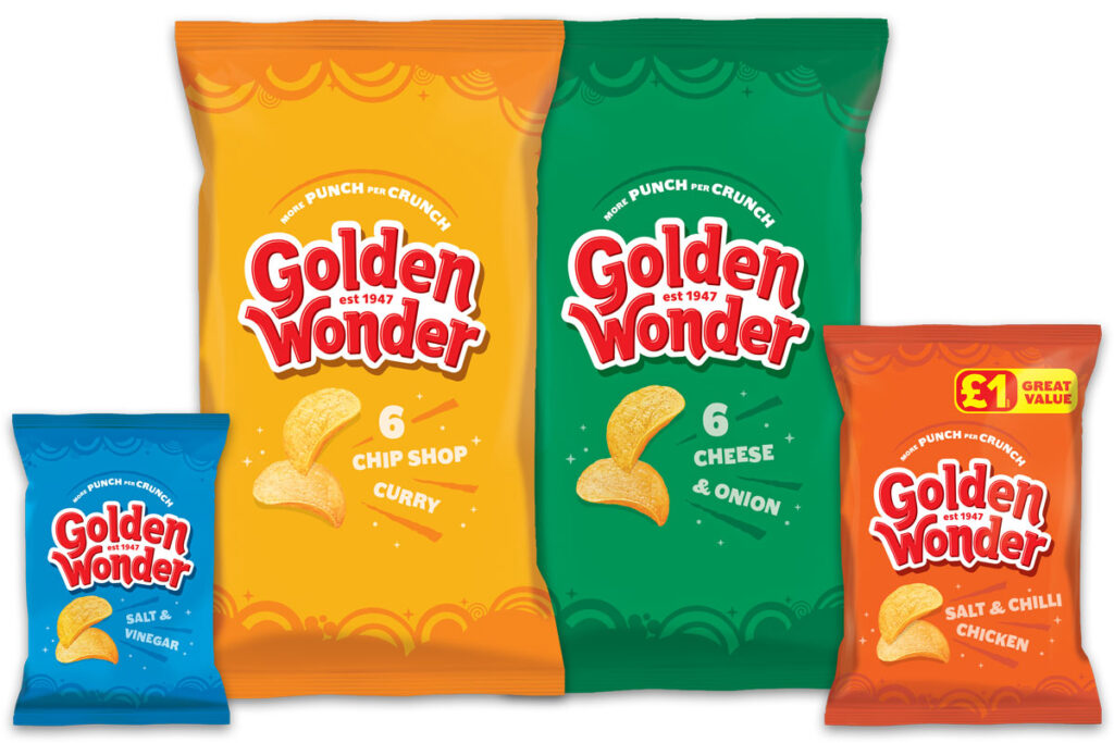 Pack shots of the 2025 design for Golden Wonder crisps including an impulse pack Salt & Vinegar, 6 pack multipack of Chip Shop Curry, 6 pack multipack of Cheese & Onion and a £1 Share Bag of Salt & Chilli Chicken.