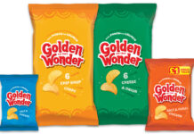 Pack shots of the 2025 design for Golden Wonder crisps including an impulse pack Salt & Vinegar, 6 pack multipack of Chip Shop Curry, 6 pack multipack of Cheese & Onion and a £1 Share Bag of Salt & Chilli Chicken.